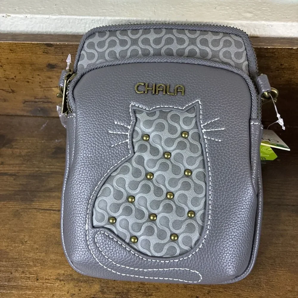 NWT CHALA GRAY STRIPE TABBY CAT KITTEN CELL PHONE CROSSBODY PURSE GRAY